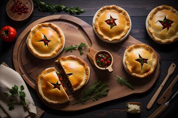 Free photo top view of homemade meat pies bellyache on a wooden platter on dark