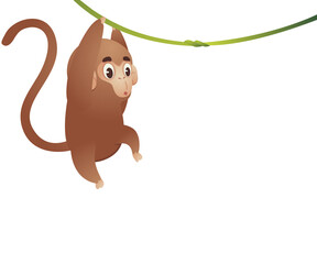 Cute monkey hanging on a vine vector cartoon illustration.