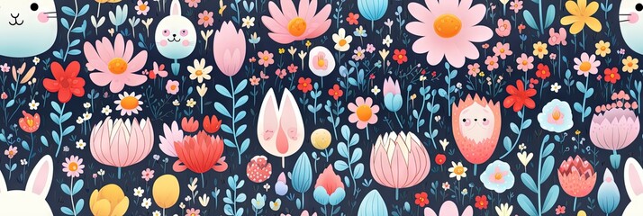 Abstract childish, cute and fun colorful dreamy garden floral seamless pattern wallpaper background with flowers and critters. Generative AI, AI