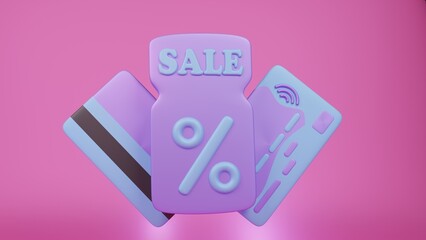 Cute 3d illustration of cartoon sale tag with percent sign and purple and blue 3d credit cards against gradient pink background. Shopping time. 3d illustration highly usable. 3d Black Friday design.