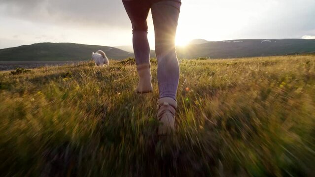 Hiker woman in trekking boots run along field with lovely dog at sunset and scenic mountain landscape back view. Active travel walk and pet adventure together