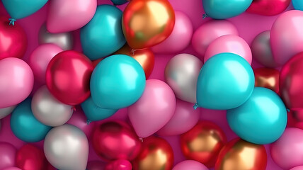 Balloons and pennants on a summer beach background. Generative AI