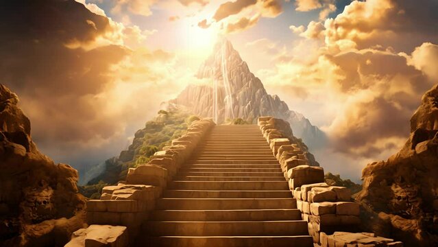 Concept photo of a rustic staircase carved into the side of a mountain, leading up to a serene landscape of heavenly clouds and ethereal creatures. The sun sets behind the stairs, casting