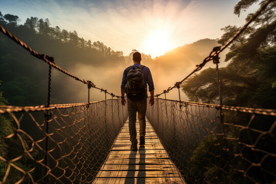 Fototapeta Traveler standing on rope bridge, sunshine