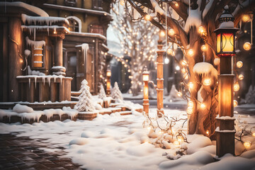 Fototapeta na wymiar Snowy Street Corner Illuminated by Lights-Generative AI