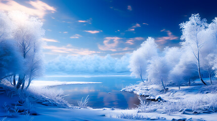 Serene Winter Morning by the Blue Lake - obrazy, fototapety, plakaty