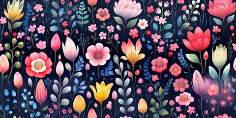 Fotobehang Abstract childish, cute and fun colorful dreamy garden floral seamless pattern wallpaper background with flowers and critters. Generative AI, AI © Merilno