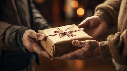 a close-up of a box and a gift in the hands of two people.Generative AI