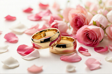 Wedding Rings on a Light Background, With Roses