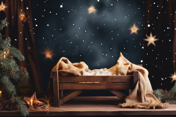 Wooden manger with newborn baby Jesus Christ in dark blue night with bright star. Nativity scene...