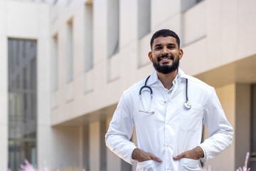 Portrait of a Latin American male doctor, nurse, veterinarian standing outside the clinic on the street in a white coat and smiling and confidently looking at the camera - obrazy, fototapety, plakaty