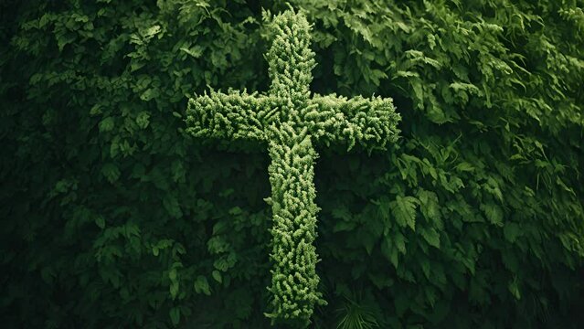 An image of a cross carved into a lush green hill, emphasizing the beauty of Gods creation and the sacrificial love displayed on the cross.