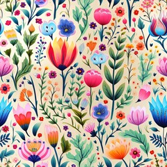 Fototapeta na wymiar Abstract childish, cute and fun colorful dreamy garden floral seamless pattern wallpaper background with flowers and critters, vector. Generative AI, AI
