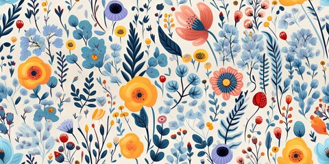 Abstract childish, cute and fun colorful dreamy garden floral seamless pattern wallpaper background with flowers and critters, vector. Generative AI, AI - obrazy, fototapety, plakaty