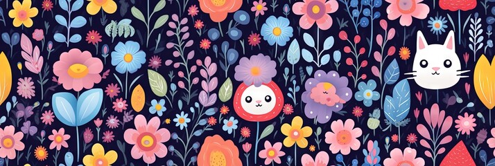 Abstract childish, cute and fun colorful dreamy garden floral seamless pattern wallpaper background with flowers and critters, vector. Generative AI, AI