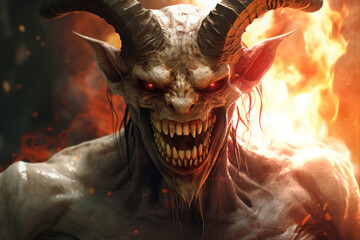 Scary monster with horns on fire background. - obrazy, fototapety, plakaty