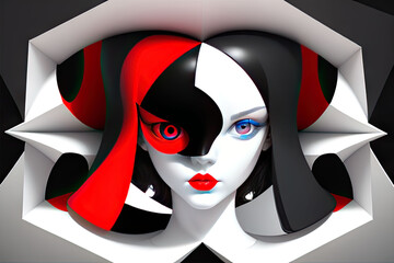 Fototapeta premium Close-up of black and white face with fashion makeup, long eyelashes, body paint and black and white background. This 3d illustration is great for beauty, makeup