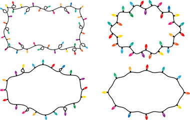 Christmas lights vector frames. Frame with colorful garland.  Christmas border light strings collection. Christmas light bulbs for decoration .Set with Christmas garland borders.