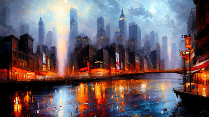 Fototapeta na wymiar New York City panorama skyline at sunset with Manhattan office buildings and skysrcapers. New York City panoramatic oil painting on canvas.
