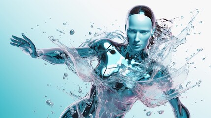 Eine Robterfrau, Cyborg in glänzendem Chrom und Wasser.