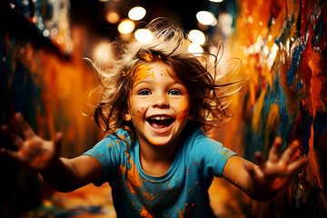 Freedom in the Earth's Canvas: A Playful Little Girl painting with her hands, Embracing Creativity and Colorful Expression, utter fun - obrazy, fototapety, plakaty