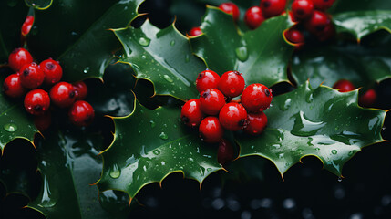 Holly covered by snow, Christmas background, Holly berry christmas highlight. A detailed view of realistic christmas holly berry ornaments interspersed among the tree branches. Merry christmas card.,

