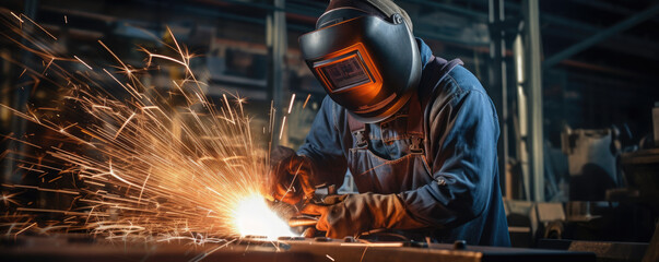 Worker while doing a welding with arc welder - obrazy, fototapety, plakaty