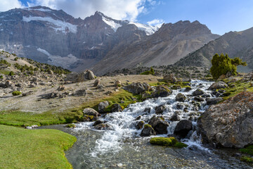 Fototapeta na wymiar A stormy river in the mountains of Tajikistan.