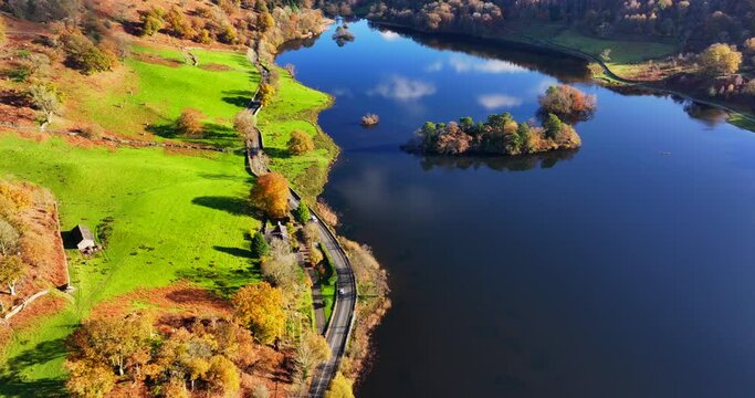 Bird's eye view over the countryside road of Rydal, in the lake district area of Cumbria. 