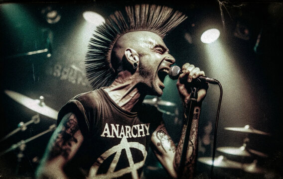 Punk Singer with Iroquois Crest on Stage in Anarchy Logo T-Shirt. Generative ai.