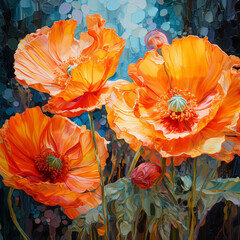 Californian poppies. Square digital oil painting, impasto, close-up, printable wall art