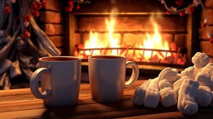 A cozy fireplace with two mugs of hot cocoa and marshmallows.