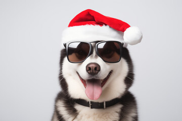 Cute siberian husky dog wearing santa claus hat and sunglasses isolated on white background