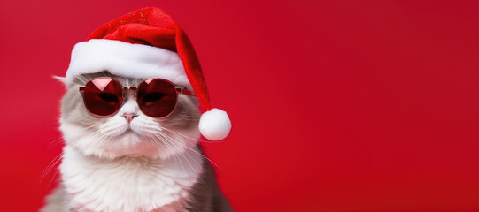 Cute Scottish Fold cat wearing Santa Claus hat and red sunglasses on red background - obrazy, fototapety, plakaty