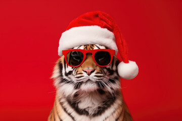 Portrait of a tiger wearing a santa claus hat and red sunglasses on a red background - obrazy, fototapety, plakaty