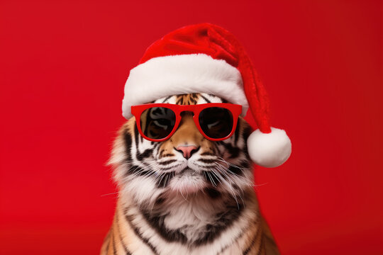 Portrait of a tiger wearing a santa claus hat and red sunglasses on a red background