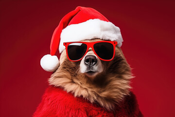 Funny Grizzly Bear  in red santa claus hat and sunglasses on red background