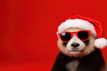 Cute panda wearing santa hat and sunglasses on red background - obrazy, fototapety, plakaty