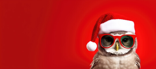 Christmas owl wearing red glasses and santa hat on red background