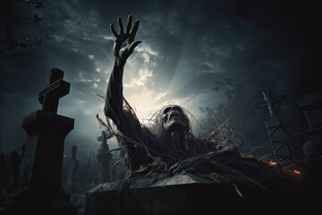 Zombie hand rising out of a graveyard in spooky night
