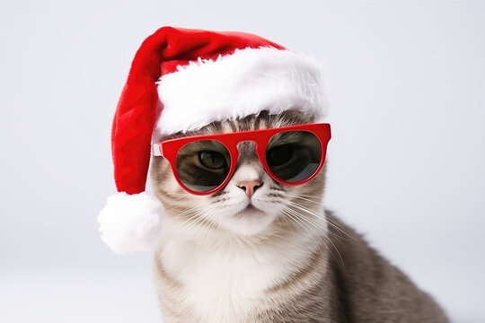 Cat wearing santa claus hat and red sunglasses on white background