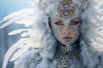 Portrait of woman adorned in elaborate winter attire