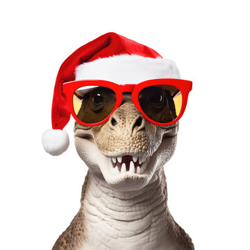 Funny T-rex wearing Santa Claus hat and sunglasses isolated on a transparent background.