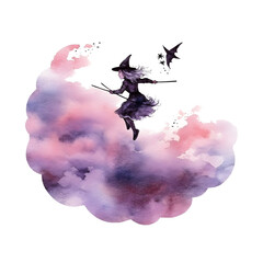 Watercolor cute clipart halloween witch flying on broom on transparent background. sublimation, tshirt, mug, pillow, tumbler, print