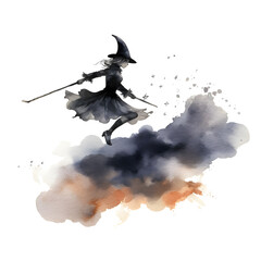 Watercolor cute clipart halloween witch flying on broom on transparent background. sublimation, tshirt, mug, pillow, tumbler, print