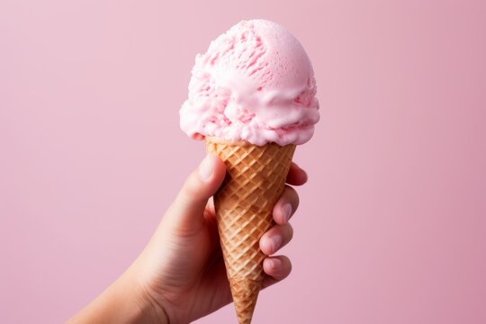 Close Up Of Hand Holding A Delicious Vanilla Milk Ice Cream Cone On A Solid Pastel Color Background