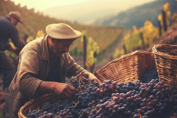 A man collects grapes from a vine in a vineyard. Traditional autumn harvest in the garden outdoors. 