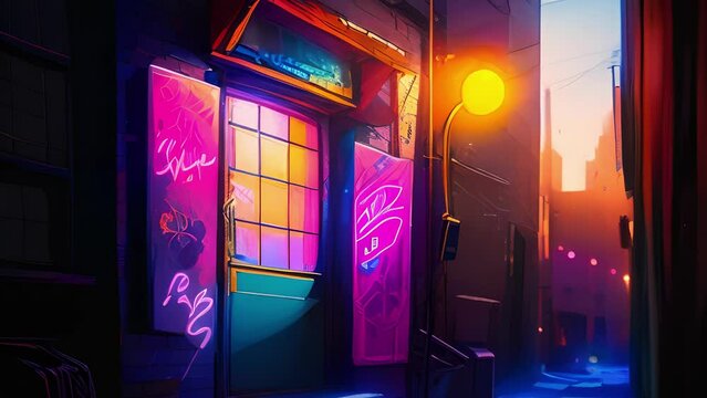 A bright neon sign flickering in an alleyway. .