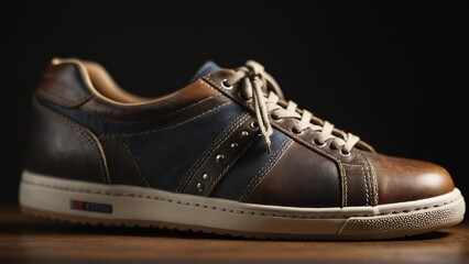 vintage brown leather shoes wooden surface, black background, ambient light. AI generated