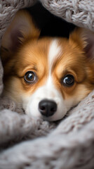 Heartwarming gaze of a corgi surrounded by a woven blanket, evoking a sense of home and comfort.